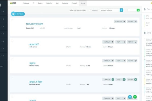 capture d'écran du panneau de contrôle vesta pour la gestion du serveur web