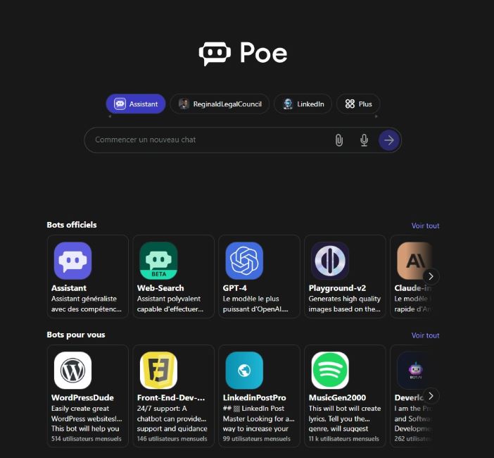 Capture d'écran de la plateforme Poe proposant divers chatbots