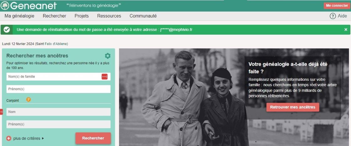Page de recherche généalogique sur Geneanet. Un couple en photo.
