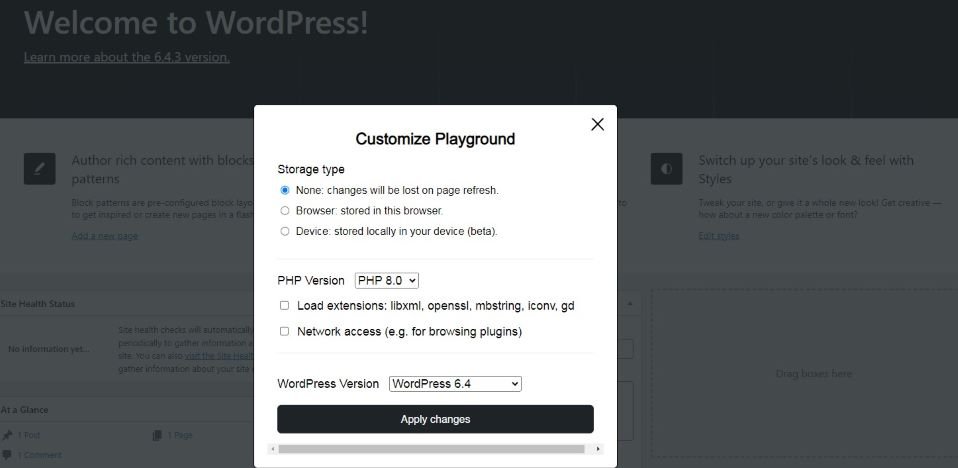 Wordpress Playground : tester Wordpress sans risque 2 Visuel de WordPress Playground