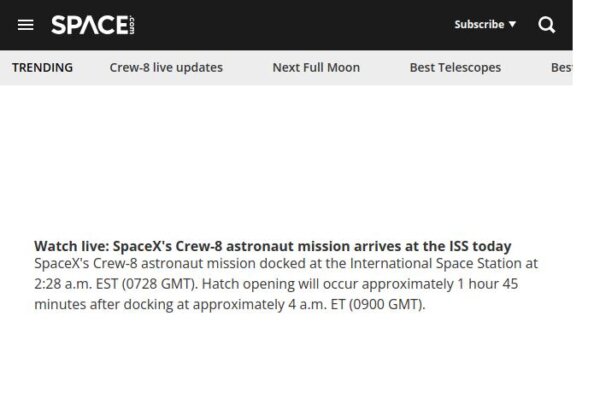 image de la mission crew-8 de spacex à la station spatiale internationale.