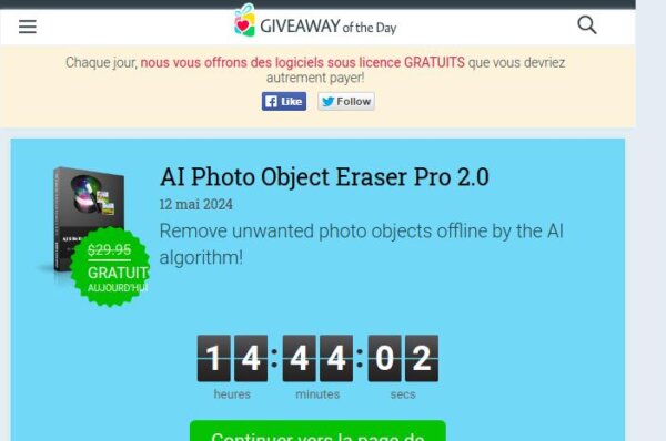 capture d'écran du site giveaway of the day proposant le logiciel ai photo object eraser pro 2.0 en téléchargement gratuit.