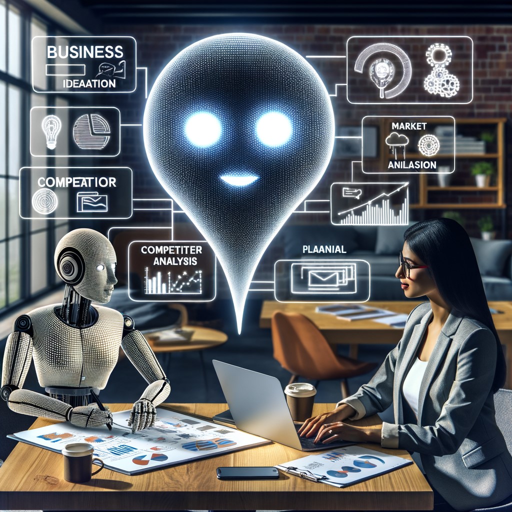 Un robot et une femme en réunion de travail avec des graphiques et un grand robot lumineux