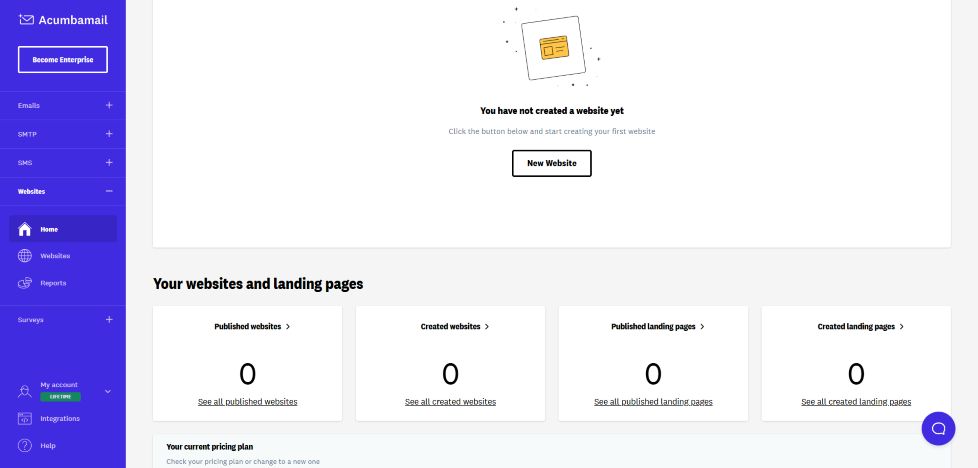 capture d'écran du tableau de bord acumbamail pour créer des sites web et des pages de destination