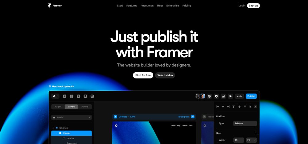 Capture d'écran de Framer un outil de création de sites web.