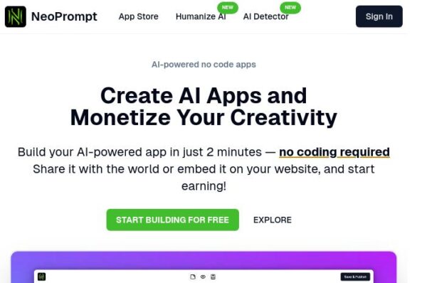 page d'accueil de neoprompt pour créer des applications ia