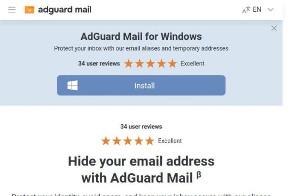 capture d'écran de la page de téléchargement d'adguard mail pour windows. protégez votre boîte de réception avec des adresses e-mail temporaires et des alias.
