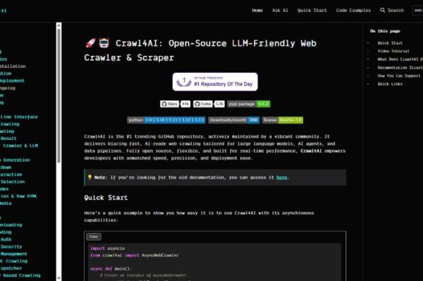 capture d'écran de la documentation de crawl4ai