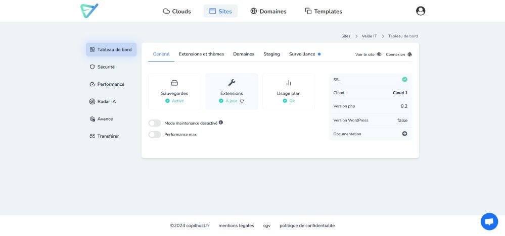 Copilhost, l'hébergeur WordPress ultra performant 2 visuel de l'interface utilisateur copilhost