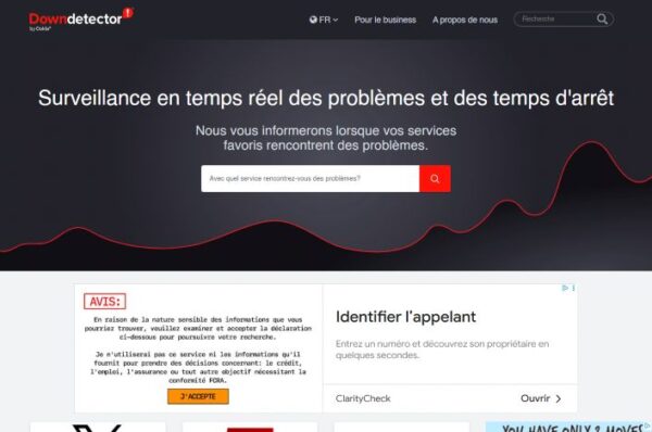 page d'accueil de downdetector, outil de surveillance en temps réel des problèmes et temps d'arrêt des services en ligne.