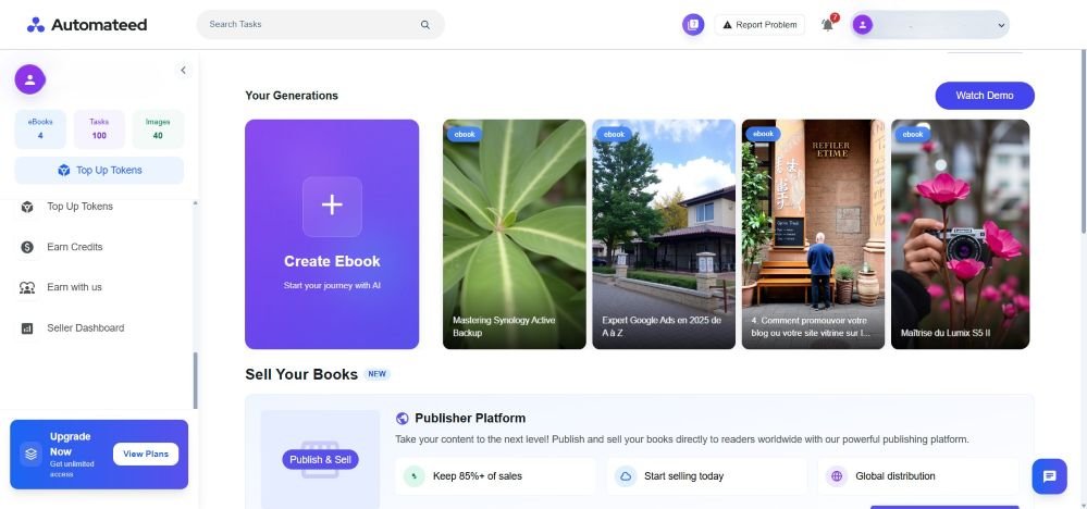 Automateed : Créer des eBooks avec l'IA en quelques minutes 2 Interface utilisateur Automateed ebooks