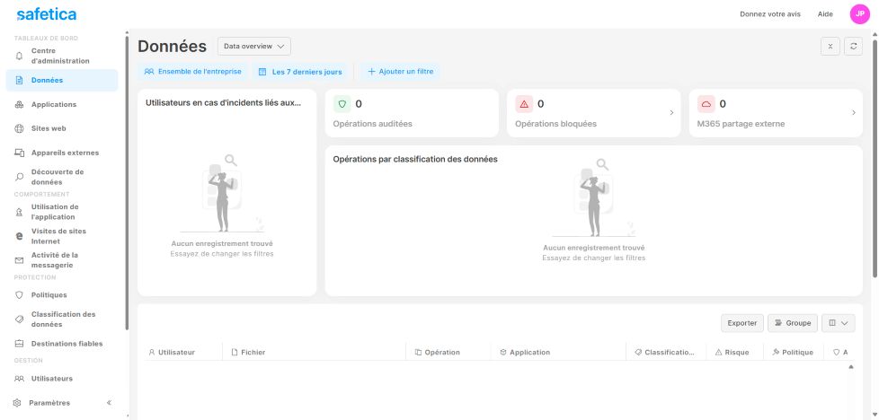 visuel interface utilisateur safetica