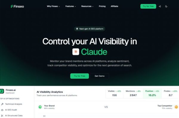 tableau de bord de finseo.ai montrant l'analyse de visibilité ia