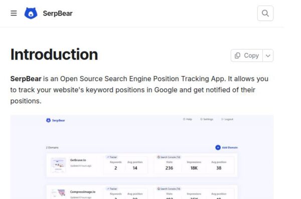 capture d'écran de serpbear outil de suivi de position sur google. outil open source pour suivre les positions de vos mots clés.