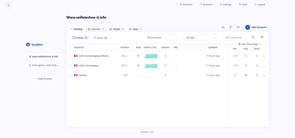 SerpBear : le suivi de position Google gratuit 2 interface utilisateur de SerpBear