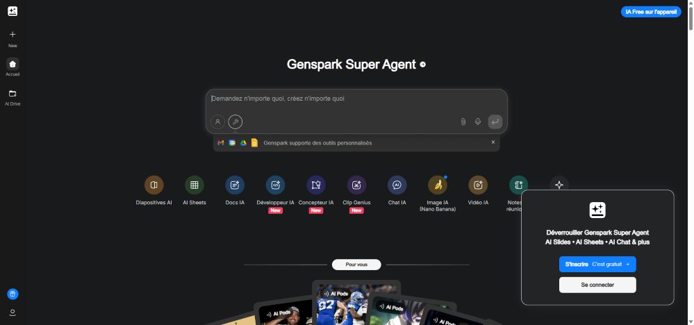 Capture d'écran de la page d'accueil de Genspark Super Agent