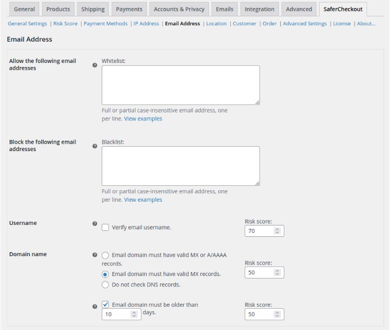 visuel de l'interface administarteur de safercheckout