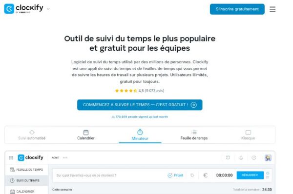 capture d'écran de l'outil de suivi du temps clockify
