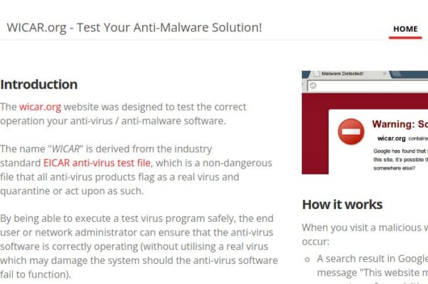 capture d'écran du site wicar.org pour tester les logiciels anti-malware.