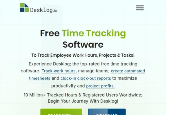 page d'accueil de desklog.io, logiciel de suivi du temps gratuit pour les employés.