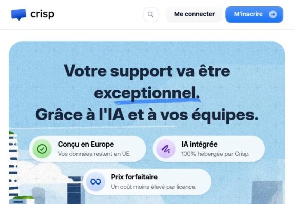 capture de l'interface de crisp mettant en avant son ia intégrée pour un support client exceptionnel.