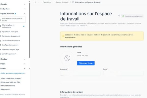 capture d'écran de la page de configuration de l'espace de travail sur crisp. vous pouvez personnaliser les informations de votre espace de travail.
