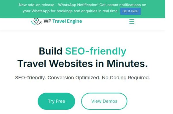 capture d'écran de la page d'accueil de wp travel engine