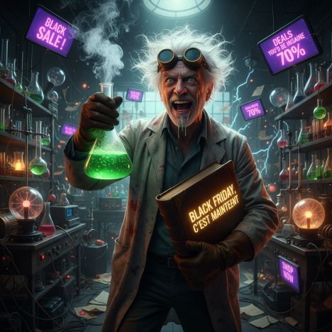 un scientifique fou avec une éprouvette de liquide vert et un livre sur le black friday
