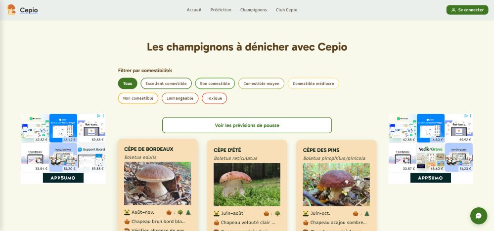 page de cepio présentant différents types de champignons
