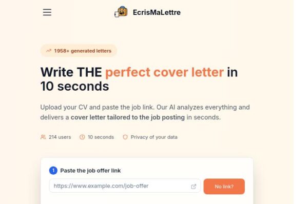 écran d'accueil ecrismalettre outil de création lettre de motivation