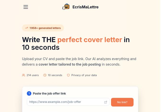 écran d'accueil ecrismalettre outil de création lettre de motivation