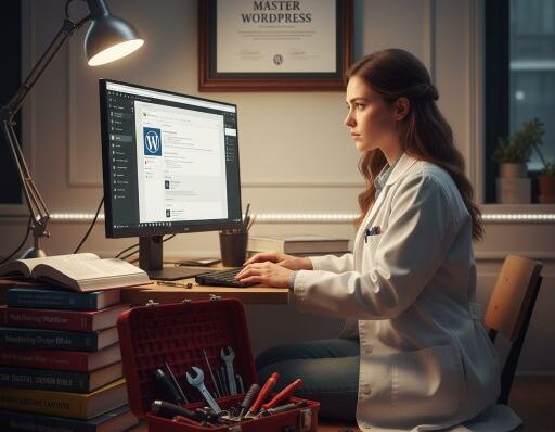 une femme en blouse blanche utilise un ordinateur pour travailler sur un site wordpress. un coffre à outils est ouvert à côté d'elle.