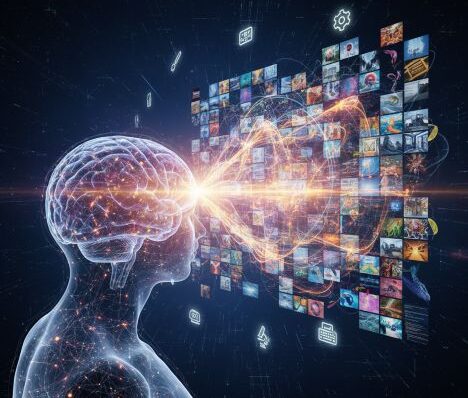 l'intelligence artificielle au service du traitement de l'information. un cerveau humain connecté à un réseau de données.