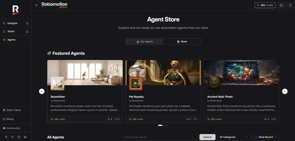 capture d'écran de la boutique d'agents robomotion