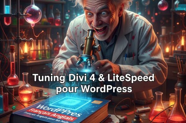 un scientifique fou dans un laboratoire avec un livre wordpress
