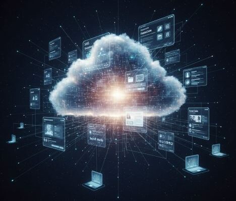 un nuage informatique connecté à plusieurs ordinateurs portables.