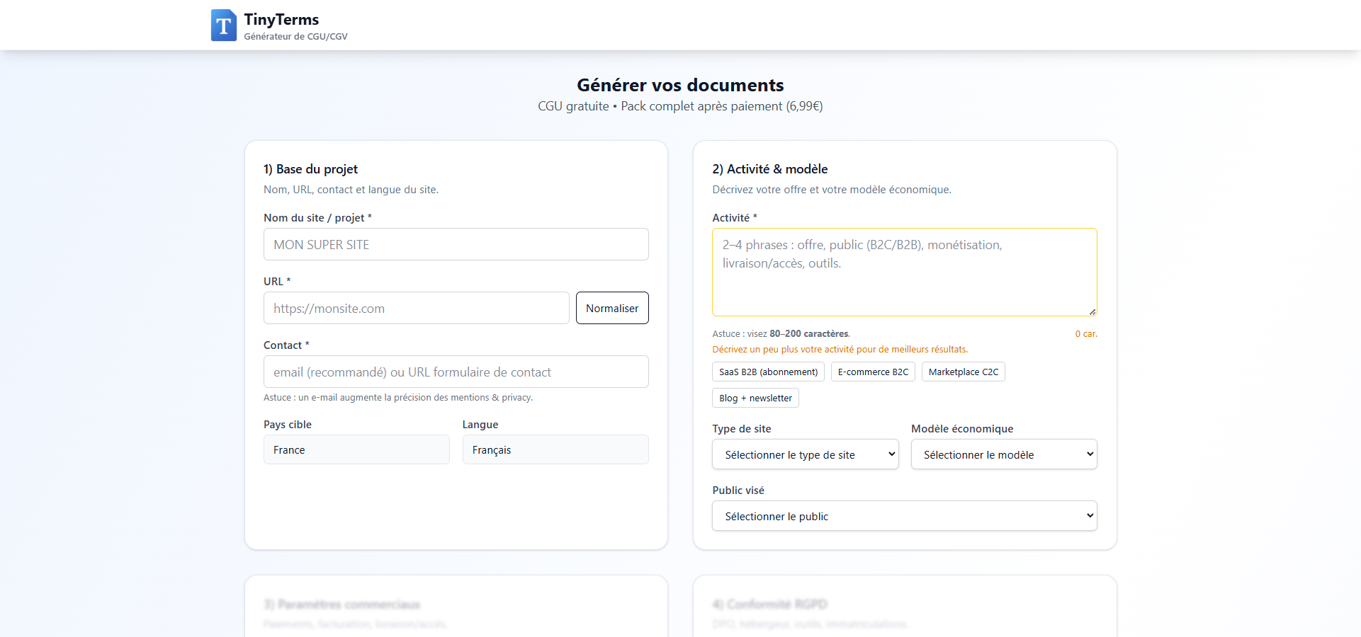 capture d'écran de tinyterms outil de génération de cgu