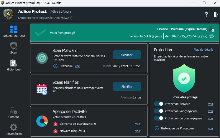 capture d'écran de l'interface d'adlice protect, un logiciel antivirus et de protection contre les menaces.