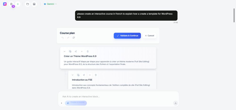 interface de création de cours interactif pour apprendre à créer un thème wordpress 6.9
