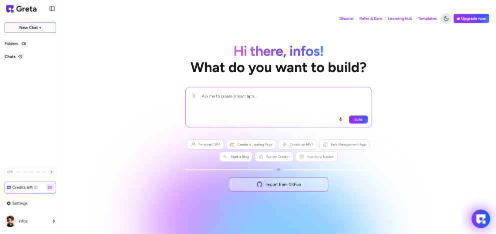 capture de l'interface greta pour créer un nouveau projet