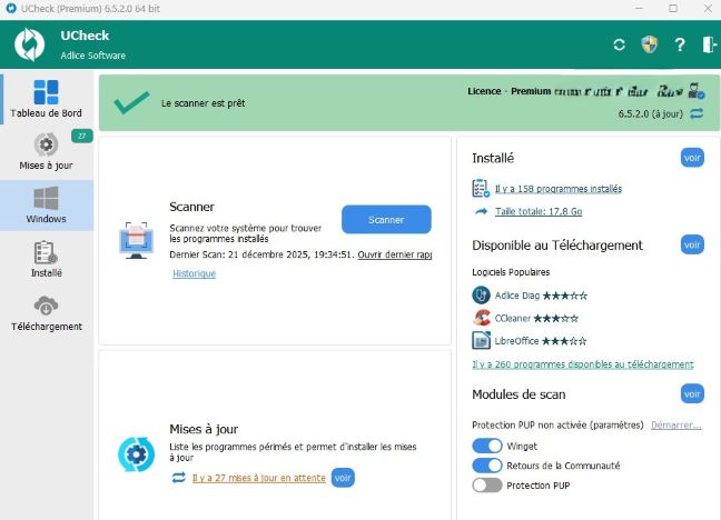 capture de l'interface ucheck, logiciel de scan et de mise à jour de programmes.