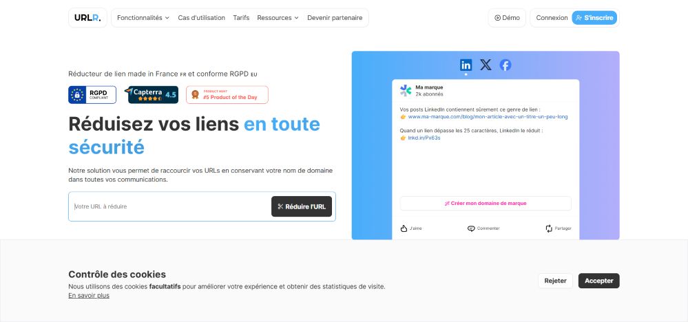 Capture d'écran du site URLP, réducteur de lien sécurisé