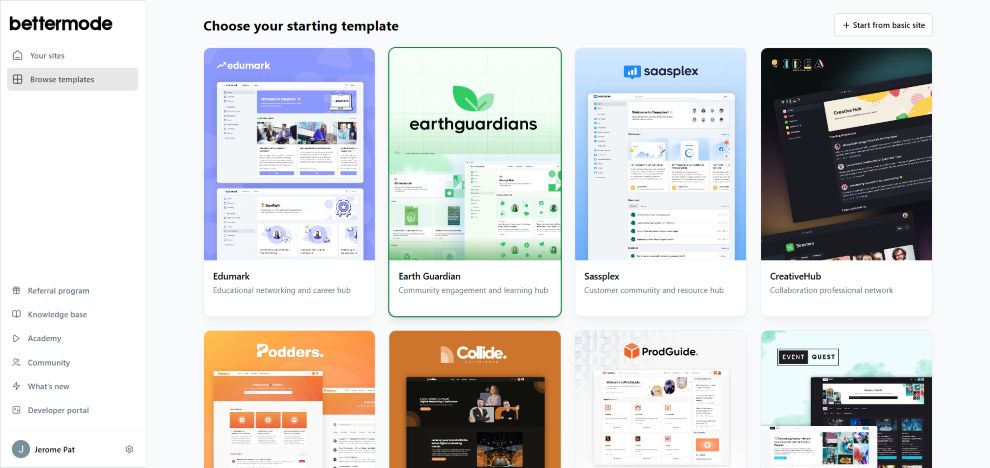 capture d'écran des modèles de sites bettermode