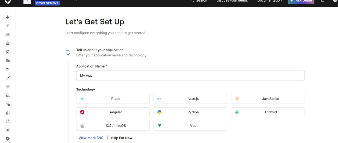 page de configuration d'une application avec choix de technologie