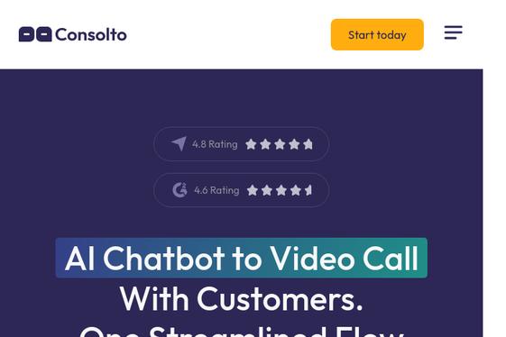 capture d'écran du site consolto montrant un chatbot ia pour les appels vidéo avec les clients.