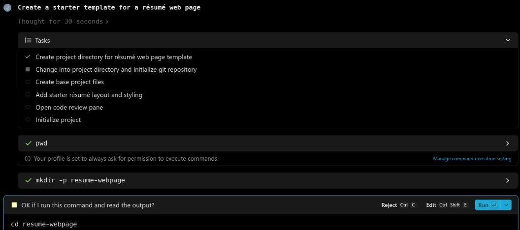 capture d'écran d'un terminal montrant les étapes de création d'un modèle de page web pour un cv