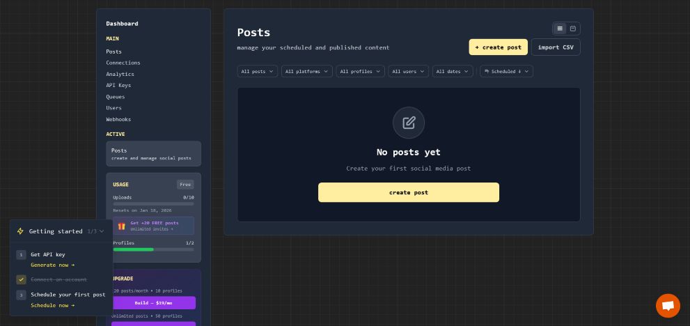 capture d'écran du tableau de bord de gestion de contenu sur les réseaux sociaux, montrant la section des publications.