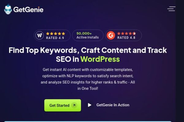 capture d'écran de la page d'accueil de getgenie, outil seo pour wordpress. l'outil propose des fonctionnalités pour trouver des mots-clés, créer du contenu et suivre le référencement.