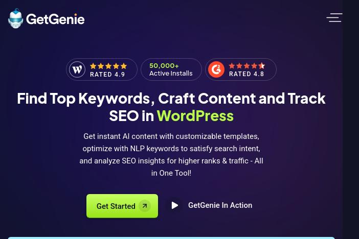 capture d'écran de la page d'accueil de getgenie, outil seo pour wordpress. l'outil propose des fonctionnalités pour trouver des mots-clés, créer du contenu et suivre le référencement.