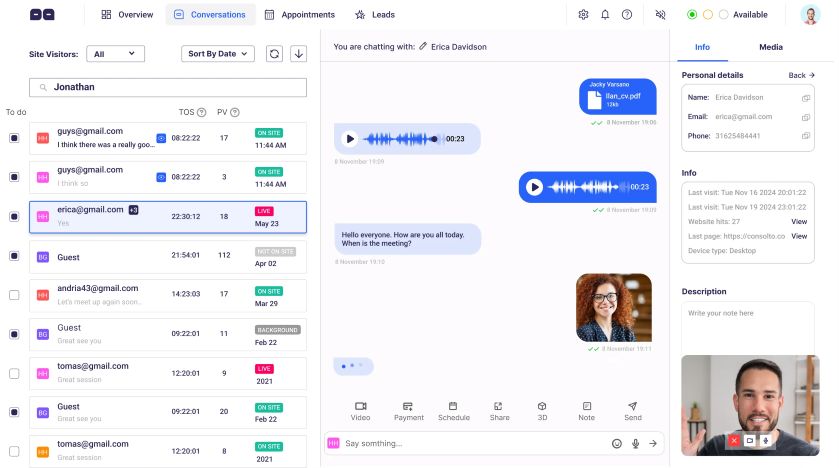 image d'une interface de conversation en ligne avec des messages et des informations de contact